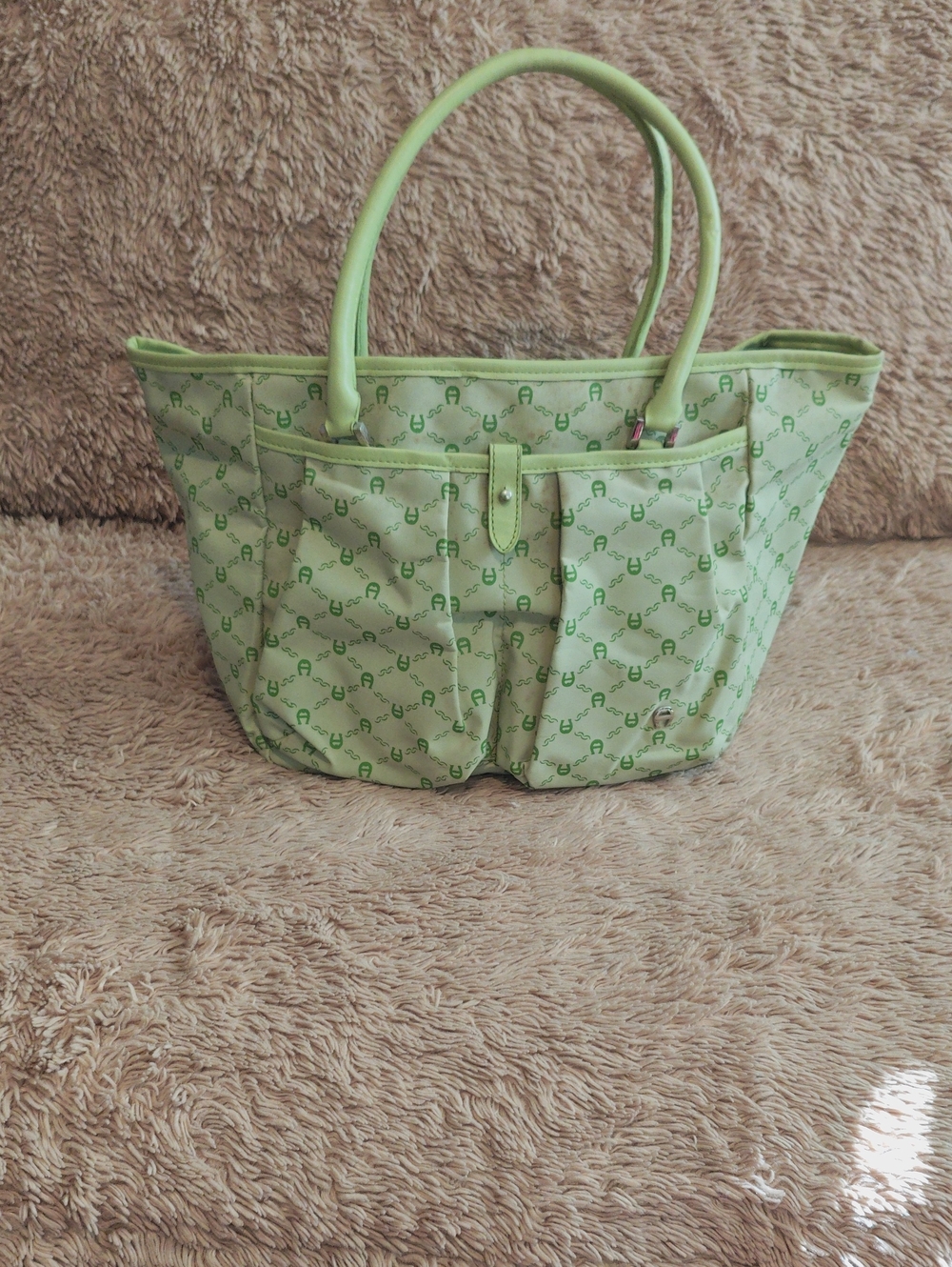 Etienne Aigner Light Green Logo Pattern Tote with Front Pockets